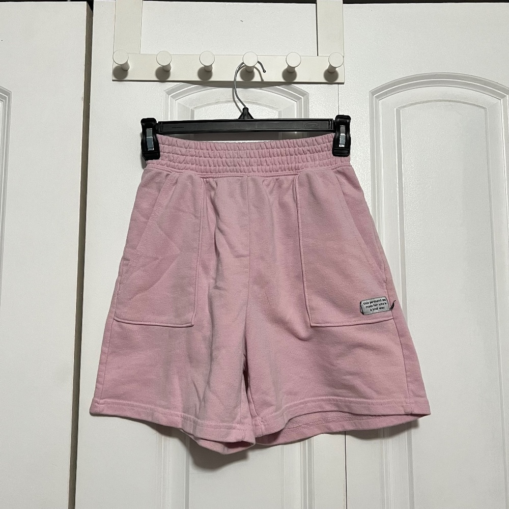 high waisted pink long sweatshorts